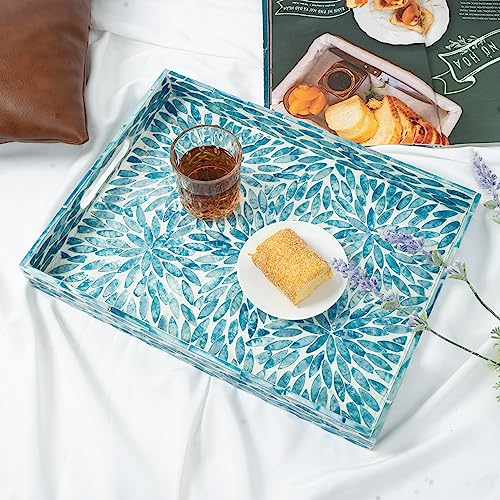 CLAYNIX Serving Tray 15.7" X11.8", Lacquer Mother of Pearl Inlay Mosaic Tray, Rectangle Wooden Marble Tray with Handles Trays for Tea, Breakfast in Bed, Table (Flower Style) - color: Flower Style