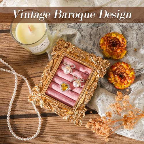 Vintage Ring Holder Rectangle Gold Velvet Display Stand - Baroque Jewelry Organizer Box Tray for Wedding Engagement Anniversary Women Birthday Christmas Gift Photograph Prop (MPF05-Gold Pink) - color: MPF05-Gold Pink