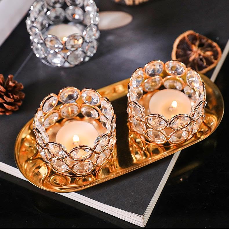 Crystal Tea Light Candle Holders，Gold Candlestick Holders for Wedding Party Table Decoration Housewarming Gift（2pcs）