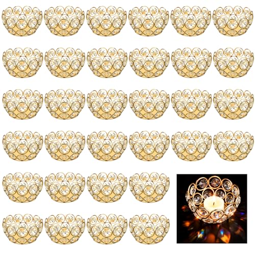 32 Pcs Tea Light Candle Holders Gold Tealight Jewel Stands Crystal Votive Candle Holders for Wedding Party Home Table Centerpiece Decor