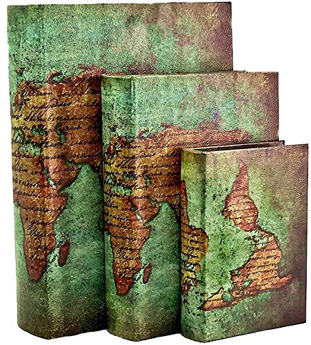 Bellaa 28007 Decorative Book Boxes World Map Pattern Vintage Bookends Invisible Secret Storage Box Set of 3 Magnetic Cover Faux Leather Wood Accent - style: Antique Map green