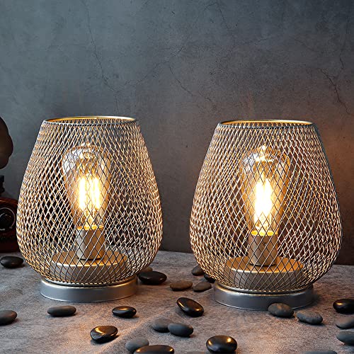 JHY DESIGN Set of 2 Metal Cage LED Lantern Battery Powered Cordless Accent Light with LED Great for Weddings Parties Patio Events for Indoors Outdoors(Silver) - style: Set of two Silver egg