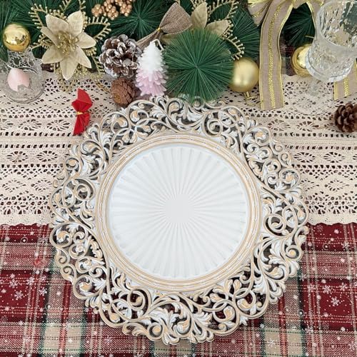 13inch Round Plastic Charger Plates,Set of 8,Charger Plates for Dinner,Wedding,Party,Event Decoration. (White gold edge) … - color: White gold edge