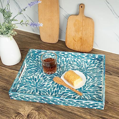 CLAYNIX Serving Tray 15.7" X11.8", Lacquer Mother of Pearl Inlay Mosaic Tray, Rectangle Wooden Marble Tray with Handles Trays for Tea, Breakfast in Bed, Table (Flower Style) - color: Flower Style
