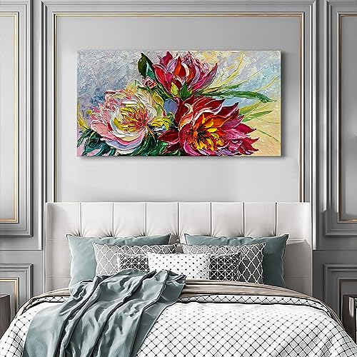 Art Hand Painted red Flowers Art Oil Painting 24x48 Thick Texture Abstract Wall Decorative Art Oil Painting - color: Yi034
