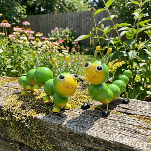 Metal Caterpillar Statue Yard Art Garden Decor, 2 Pack Handcrafted Cute Caterpillar Ornaments for Outside Fence Patio Lawn Garden Courtyard,Gift for Family,Friends,Garden Lovers (Green)