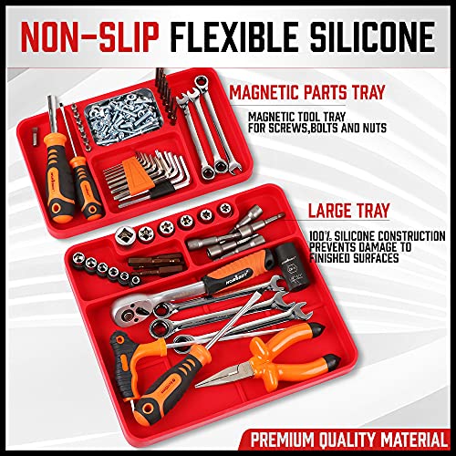 SEDY Premium Silicone Tool Tray, Automotive Non-Slip Flexible Silicone Tool Trays, Tool Organizer | 2 Piece Multi Purpose Mats with Magnetic Small parts Tray