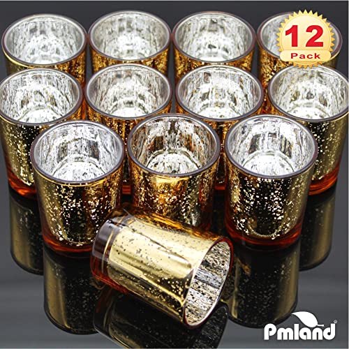 PMLAND Speckled Mercury Glass Votive Candle Tealight Holders - Bulk Pack of 12 Gold - color: Gold
