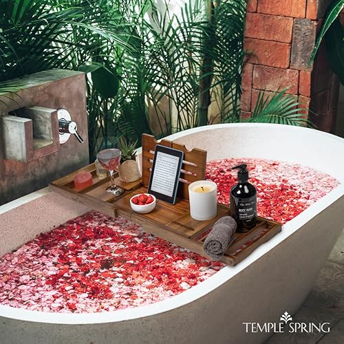 Temple Spring Foldable Bathtub Tray, Unique Design Selfcare Bathroom Caddy, Acacia Spa Bathroom Tray, Wooden Bathtub Accessories, Wedding Gift/Birthday Gift/New Home Bath Table – Not Teak - color: Foldable Acacia