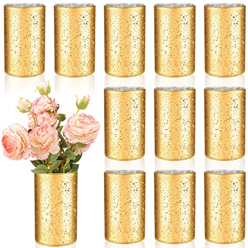 Sunnyray 12 Pcs Gold Cylinder Vases for Centerpieces, 6 Inch Speckled Flower Vase Wedding Decorations, Mercury Glass Votive Candle Holders, Decorative Gold Wedding Centerpieces for Tables