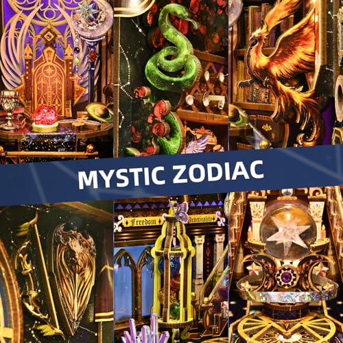 TOYQI Book Nook Kit, Book Nook Kits for Adults, DIY Miniature Dollhouse Kit 3D Wooden Puzzle Booknook Bookend with LED Light - Divination Fate Destiny 12 Constellation Zodiac Signs - style: Zodiac Sign