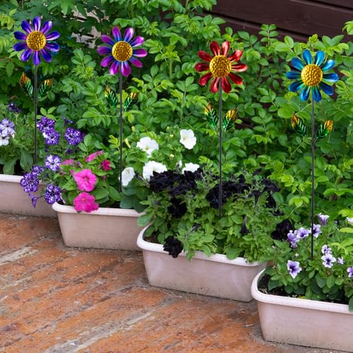 4 Pack Wind Spinner Outdoor,Waterproof Metal Flowers Windmill,Pinwheels for Yard and Garden, Flower Wind Sculpture & Spinner for Patio Lawn Decor - size: Sunflowers-4Pack