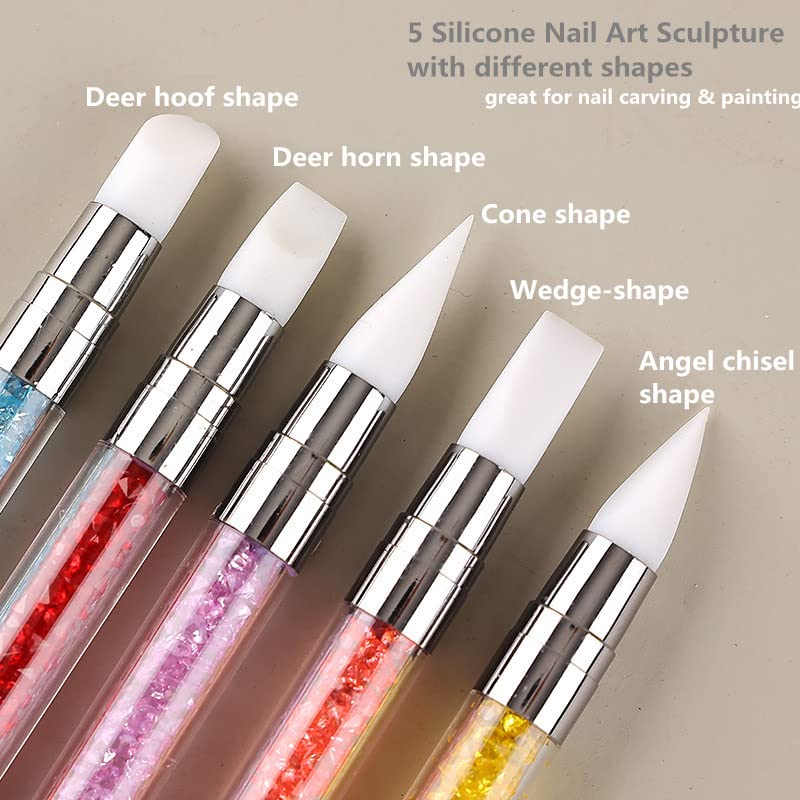 FULINJOY 8pcs Nail Art Design Tools, 5PCS Dual-Ended Nail Art Sculpture Pen Dotting Tools with 3PCS Nail Liner Brushes, Silicone Nail Polish Brushes Stainless Steel Carving Drawing Tool - size: 5+3 PCS
