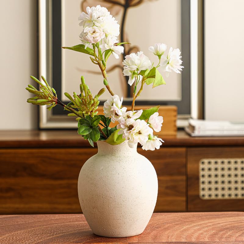 Handmade White Ceramic Vase 6.1 Inch, Farmhouse Boho Tabletop Centerpiece for Living Room, Rustic Wabi-Sabi Decor for Wedding Mantel Shelf - size: 6.1in