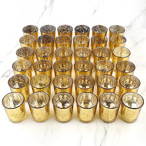 Gold Mercury Glass Tea Light Holders Set of 36 - Elegant Votive Candle Holders for Weddings, Showers and Home Decor - Perfect for Table Centerpieces and Parties (Glass, Gold) - color: Gold