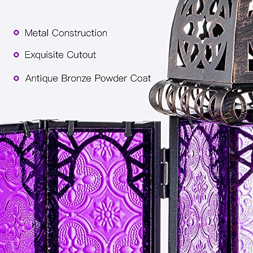 Halloween Decorations Indoor, Purple Decorative Candle Lantern for Moroccan Light Decor, 12.8’’ Vintage Metal Hanging&Tabletop Lantern, Ramadan Lantern for Home Outdoor Patio(Purple) - color: Purple - 12.8''h, size: Large