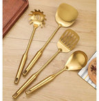 Premium 7-Piece Gold Kitchen Utensil Set with Stand, Stainless Steel Cooking Tools- Dishwasher Safe Ladle, Spoon, Spatula, Pasta Fork, Luxury Brass Kitchen Accessories for Home Chefs (Gold) - color: Gold