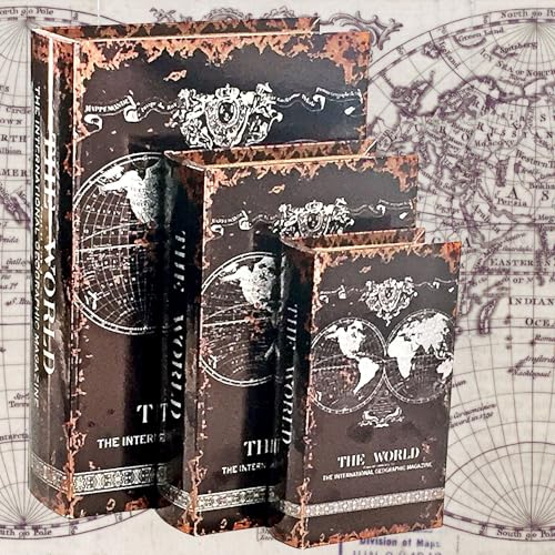 Bellaa Decorative Book Box Antiques Vintage Retro Invisible Secret Storage Faux Leather Wood Magnetic Set of 3 (Antique Map B) - style: Antique Map B