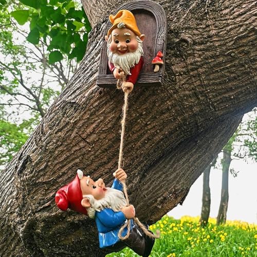 Teaeeno Gnome Garden Decoration Climbing Tree Decor Outdoor, Fairy Door Tree Face Figurine Lawn Patio Decor, Funny Climbing Elves Tree Peeker Sculpture Yard Art - color: Blue