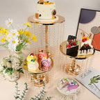 Bokon 6 Pcs Crystal Gold Cake Stand Round Dessert Cupcake Holder Metal Stand Table Cake Pedestal with Crystal Pendant and Wedding Bead Dessert Cupcake Pastry Display Plate for Wedding Birthday Party - color: Gold