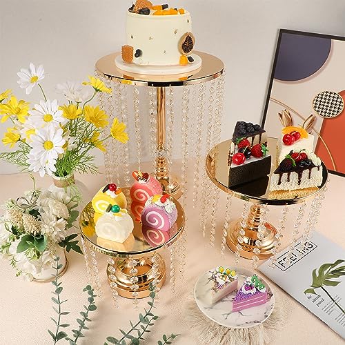 Bokon 6 Pcs Crystal Gold Cake Stand Round Dessert Cupcake Holder Metal Stand Table Cake Pedestal with Crystal Pendant and Wedding Bead Dessert Cupcake Pastry Display Plate for Wedding Birthday Party - color: Gold