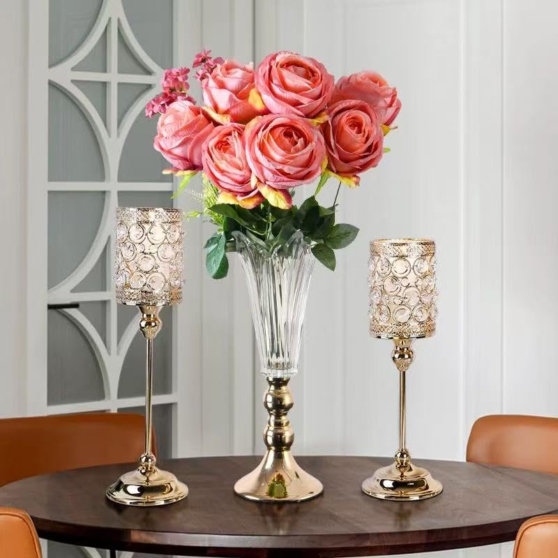 ZENATION-Luxury Crystal Candle Holder – Metal Decorative Candle Stand, Elegant Crystal Beaded Design for Home Décor, Weddings, and Table Centerpieces (Gold, Small) - size: Small