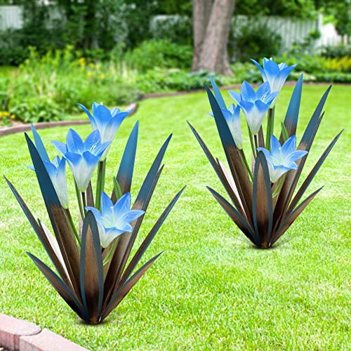 Homight Metal Agave Plant Outdoor Decoration Lily Mexican Yard Art Garden Gift Home Decor Hand Painted Metal Agave Garden Yard Statue, Outdoor Lawn Ornaments (2 Big Blue Lilies) - color: 2 Big Blue Lilies