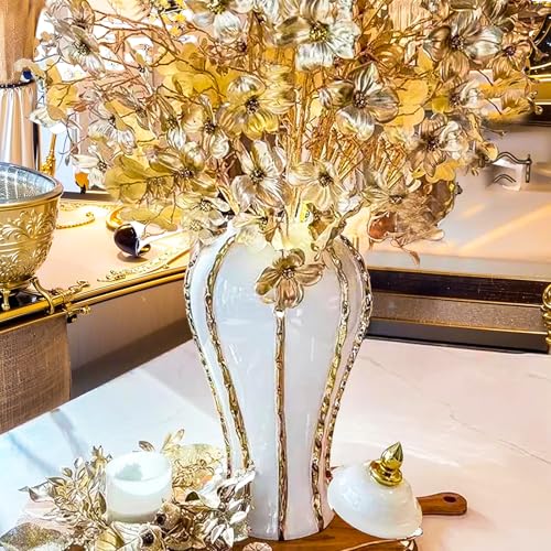 Ginger Jar, White Gold Ceramic Vase Large Handmade Porcelain Vases with Lid, White Gold Decorative Flower Vase for Home, Living Room, Weddings, Centerpieces (18in with Lid) - size: A-Gold-Large