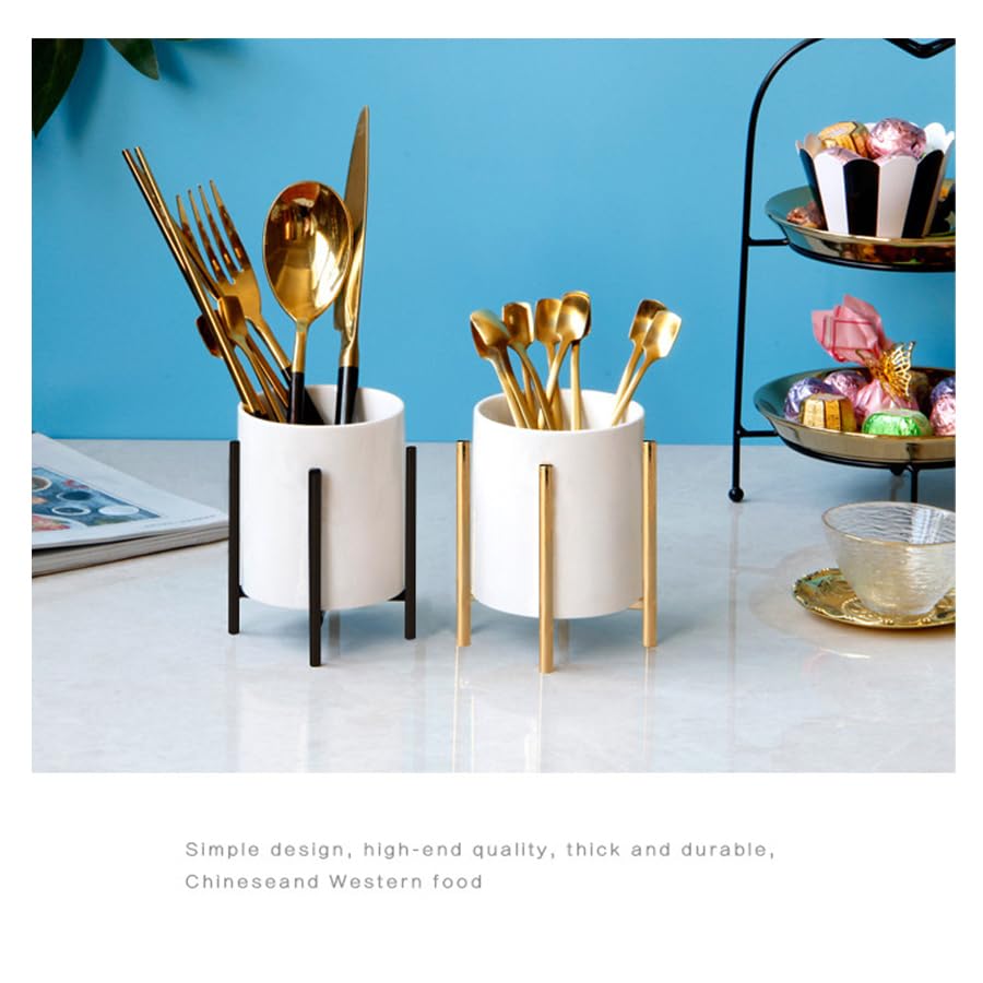 Gold pencil cup Sturdy metal frame with white ceramic pen holder For desks and kitchen appliance holders - color: White gold, size: H 4.6''
