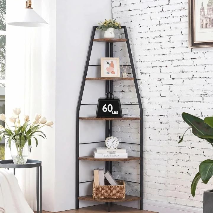 Gemfueque Versatile 66-Inch Tall Corner Shelf, 5-Tier Ladder Bookshelf, Easy Assembly Black Metal Frame Wood Shelf for Living Room, Bedroom, Home Office