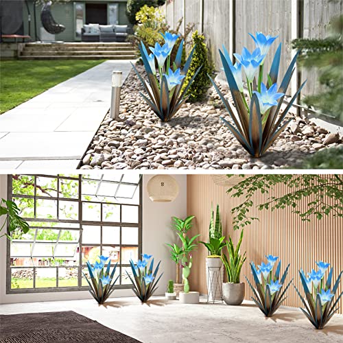 Homight Metal Agave Plant Outdoor Decoration Lily Mexican Yard Art Garden Gift Home Decor Hand Painted Metal Agave Garden Yard Statue, Outdoor Lawn Ornaments (2 Big Blue Lilies) - color: 2 Big Blue Lilies