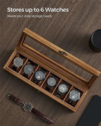 SONGMICS 6-Slot Watch Box, Watch Display Case with Large Glass Lid, Removable Watch Pillows, Velvet Lining, Gift Idea, Rustic Walnut UJOW006K01 - color: Rustic Walnut, size: 1 Layer 6 Slot