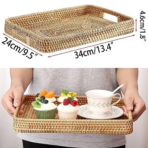 Hipiwe Handwoven Rattan Serving Tray Rectangular Wicker Tray with Handles Natural Decorative Trays for Storage Breakfast, Dessert, Fruit for Coffee Table, 13.4" L x 9.5" W - color: Natural Color, size: 13" x 9" x 1.9"