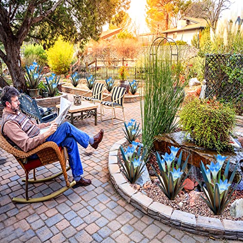 Homight Metal Agave Plant Outdoor Decoration Lily Mexican Yard Art Garden Gift Home Decor Hand Painted Metal Agave Garden Yard Statue, Outdoor Lawn Ornaments(3 Big Blue Lilies) - color: 3 Big Blue Lilies