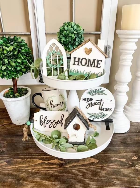 6 Pieces Farmhouse Tiered Tray Decor Beautiful Sweet Home Wood Sign Artificial Plant Rustic Tray Decorations Centerpiece Set for Home & Kitchen Decor(Tiered Tray NOT Included)