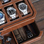 ROTHWELL 12 Slot Leather Watch Box with Valet Drawer - 12 Slot Luxury Watch Case Display Organizer, Microsuede Liner, Mens Accessories Holder, Jewelry Case, Jewelry Display Organizer (Tan/Brown) - color: Tan/Brown