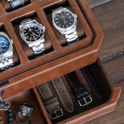 ROTHWELL 12 Slot Leather Watch Box with Valet Drawer - 12 Slot Luxury Watch Case Display Organizer, Microsuede Liner, Mens Accessories Holder, Jewelry Case, Jewelry Display Organizer (Tan/Brown) - color: Tan / Brown