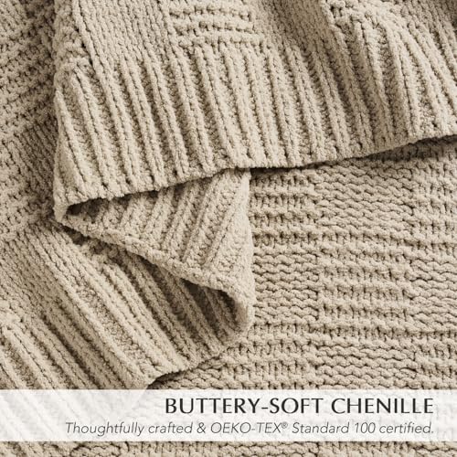 EVERGRACEHOME Modern Checkered Chenille Throw Blanket, Soft Cozy Plaid Knitted Chair Blanket for Sofa Couch, Decorative Knit Throw for Bed and Living Room, Sand Dune, 50" x 60" - color: Checkered Sand Dune, size: 50" x 60"