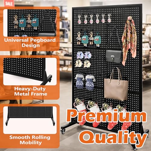 Royxen 3.5 x 6 Feet Metal Pegboard with 50 Hooks, Peg Board Display Stand with Wheels, Large Standing Pegboard Displaywith T-Base Art Display Stand for Retail Stores Exhibitions Homes (Black) - color: Black