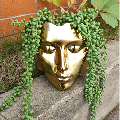 Face Vase,Ceramic Female Form Face Vase,Modern Wall Hanging Plant Pot with Drainage for Home Centerpieces, Office Outdoor Hanging Decor - color: Vintage Gold