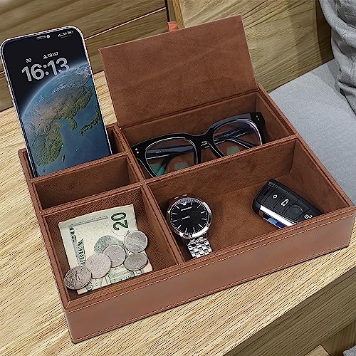 Zcaukya Men's Valet Tray, Jewelry Box Nightstand Organizer with 5 Compartments for Phone Keys Wallet Watch Glasses, Faux Leather Dresser Entryway Catchall Holder for Father's Day Gift (Brown) - color: Brown
