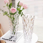 Luxury Tall Glass Vase, Premium Geometric Shape Flower Vase - White Textured Surface Home Decor, Decorative Modern Farmhouse, Ideal for Shelf, Mantle, Table & Entryway Decor, Clear