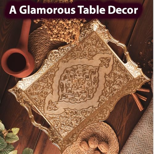 Large Gold Turkish Tea Coffee Serving Table Tray Decorative Home Decor Handles - Party Bar Outdoor Dresser Dessert Fancy Metal Rectangle Kitchen Brass Moroccan Bathroom Vanity Gift Tray
