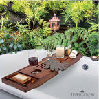 Temple Spring Bamboo Bathtub Tray Caddy for Tub — Expandable Wood Bath Tray with Solid Book Stand Wine Holder and Non-Slip Pads — Includes Bamboo Soap Dish and Spa Accessories — Luxury Bath Gift Set - color: Brown