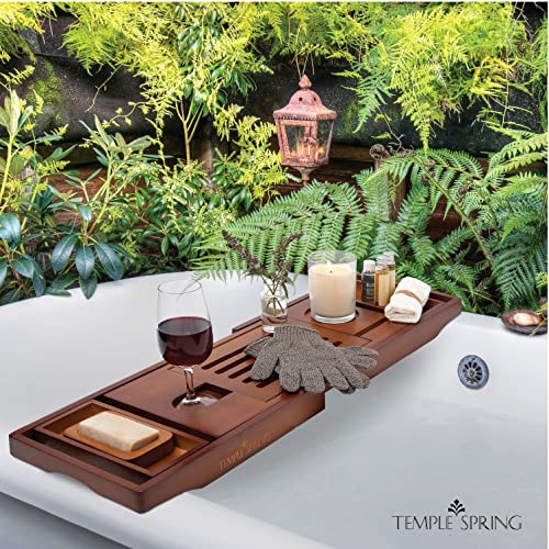 Temple Spring Bamboo Bathtub Tray Caddy for Tub — Expandable Wood Bath Tray with Solid Book Stand Wine Holder and Non-Slip Pads — Includes Bamboo Soap Dish and Spa Accessories — Luxury Bath Gift Set - color: Brown