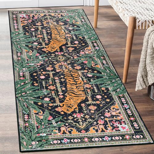 Oriental Tropical Hallway Runner Rug 2x6 Washable, Thin Stain Resistant Black Boho Runner Rug for Entryway Kitchen Bedroom Laundry, Vintage Abstract Hippie Botanical Long Floor Carpet - color: Black, size: 2' x 6'