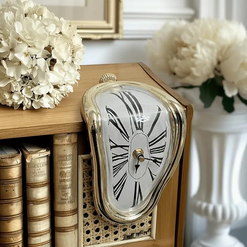 TIMEACT Melting Clock Dali Melted Clock Gift Decor Art Inspired Wall Clock Twisted Shelf Hanging Surrealist for Decorative Shop Office Home Desk Roman (Gold) - color: Gold