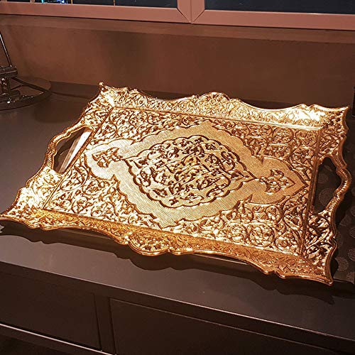 Large Gold Turkish Tea Coffee Serving Table Tray Decorative Home Decor Handles - Party Bar Outdoor Dresser Dessert Fancy Metal Rectangle Kitchen Brass Moroccan Bathroom Vanity Gift Tray
