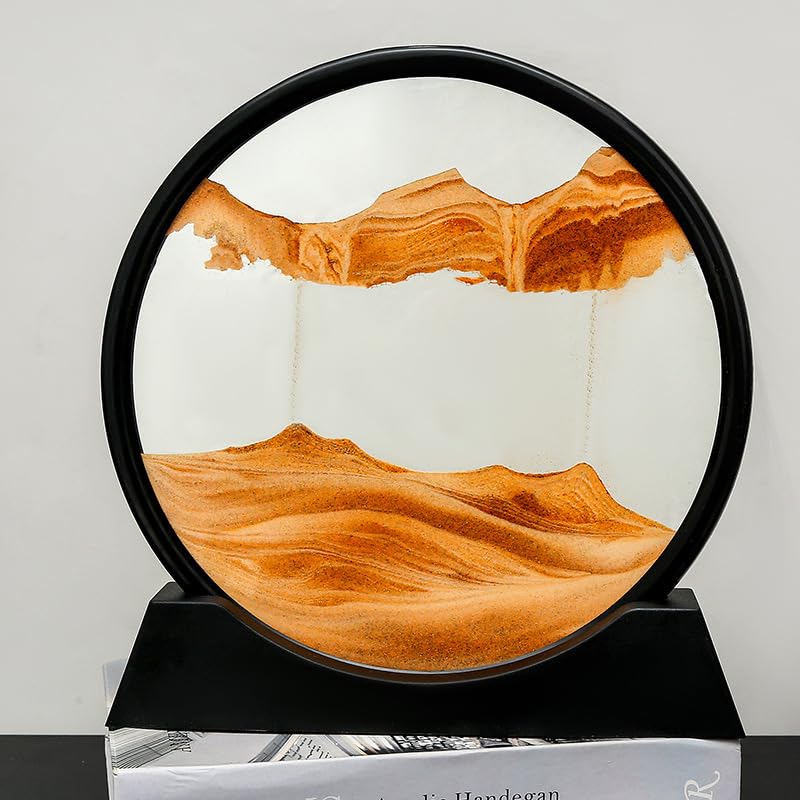 Moving Sand Art Liquid Motion, 3D Deep Sea Sandscape Color Quicksand Decor, Round Glass Moving Sand Art Picture Relaxing Desktop Home Office Work Decor (12 inch-Yellow) - color: Yellow, size: 12 Inch