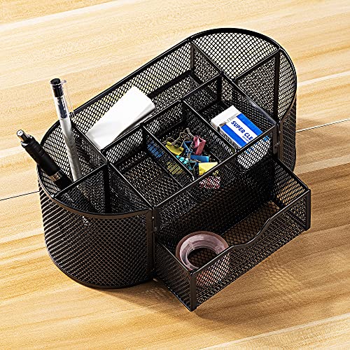 Amazon Basics Mesh Desk Organizer with Pen Holder, Pullout Drawer and Office Caddy Storage, 9.25" x 4.53" x 3.94", Black - style: Desk Organizer